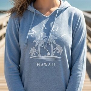 Lone Rock Clothing Maui Hawaii Graphic Hoodie Heather Blue V-Neck Womens M